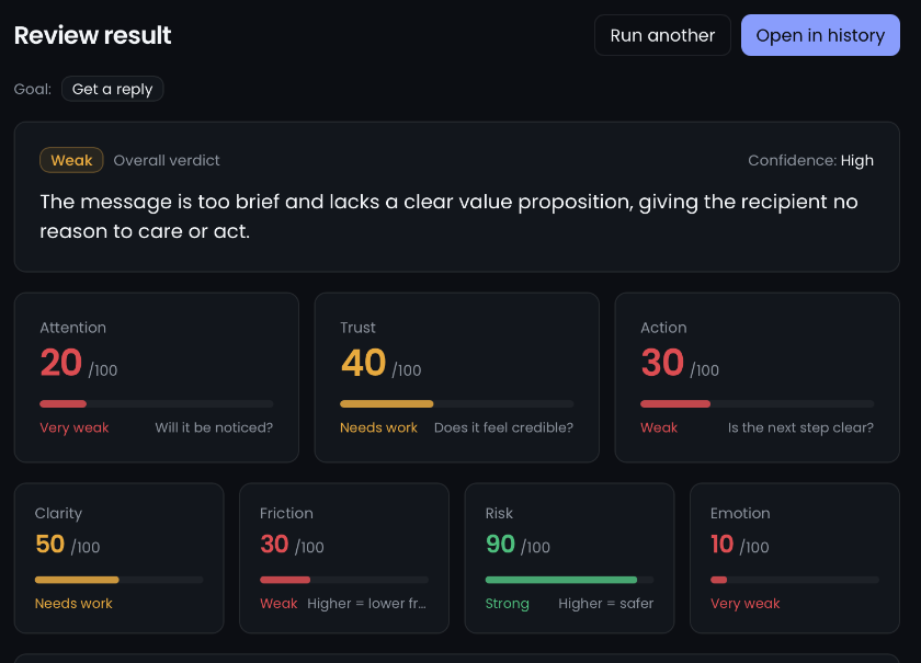 Attemio review result showing verdict and score cards